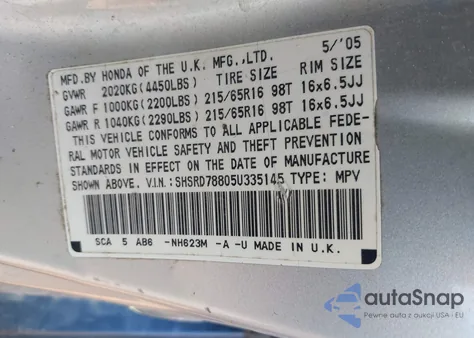 2005 Honda Cr-V Ex from USA, damaged, VIN SHSRD78805U335145